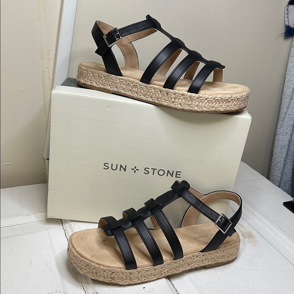 Sun + Stone Black Strappy Platform Sandals